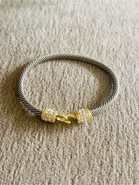 Two-Tone Twisted Cable and CZ Accents Bangle Bracelet